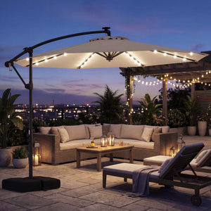 10 FT Solar LED Offset Cantilever Patio Umbrella Hanging Outdoor Market Umbrella-Beige view 3