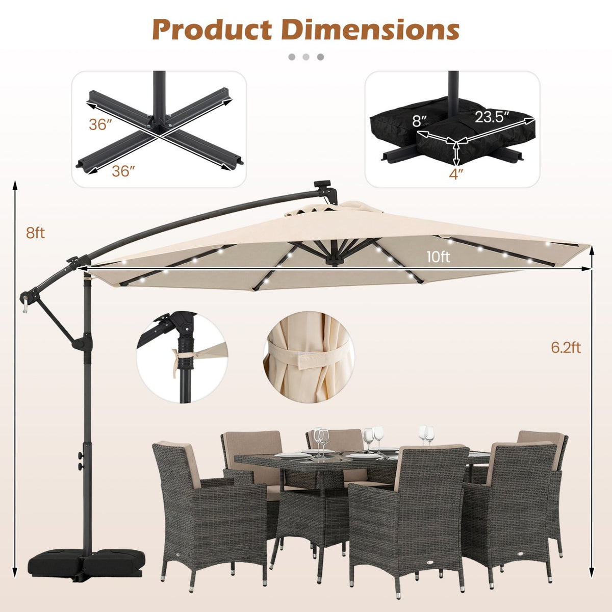 10 FT Solar LED Offset Cantilever Patio Umbrella Hanging Outdoor Market Umbrella-Beige view 4