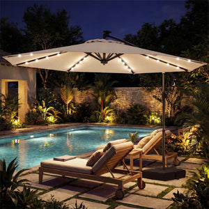 10 FT Solar LED Offset Cantilever Patio Umbrella Hanging Outdoor Market Umbrella-Beige view 5