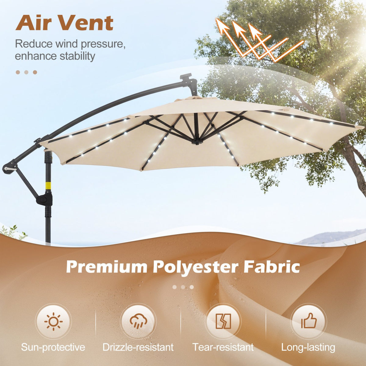 10 FT Solar LED Offset Cantilever Patio Umbrella Hanging Outdoor Market Umbrella-Beige view 6