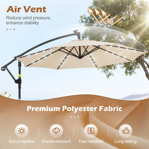 10 FT Solar LED Offset Cantilever Patio Umbrella Hanging Outdoor Market Umbrella-Beige view 6