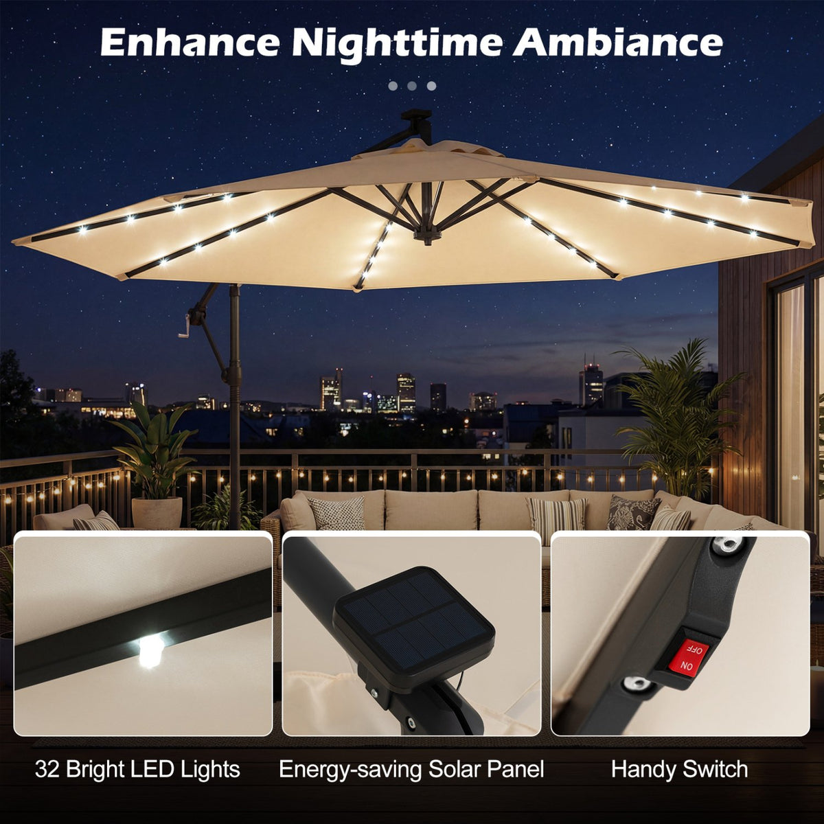10 FT Solar LED Offset Cantilever Patio Umbrella Hanging Outdoor Market Umbrella-Beige view 8