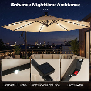 10 FT Solar LED Offset Cantilever Patio Umbrella Hanging Outdoor Market Umbrella-Beige view 8
