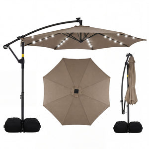 10 FT Solar LED Offset Cantilever Patio Umbrella Hanging Outdoor Market Umbrella-Brown
