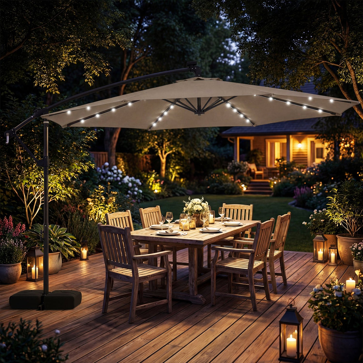 10 FT Solar LED Offset Cantilever Patio Umbrella Hanging Outdoor Market Umbrella-Brown view 2