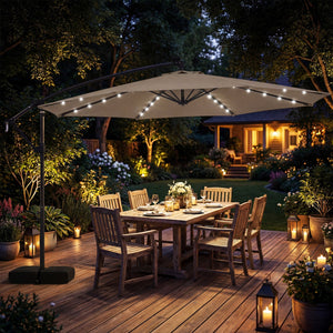 10 FT Solar LED Offset Cantilever Patio Umbrella Hanging Outdoor Market Umbrella-Brown view 2