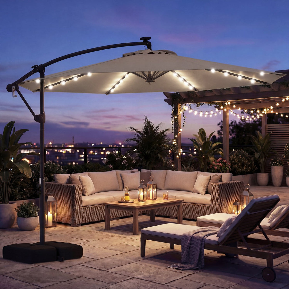 10 FT Solar LED Offset Cantilever Patio Umbrella Hanging Outdoor Market Umbrella-Brown view 3