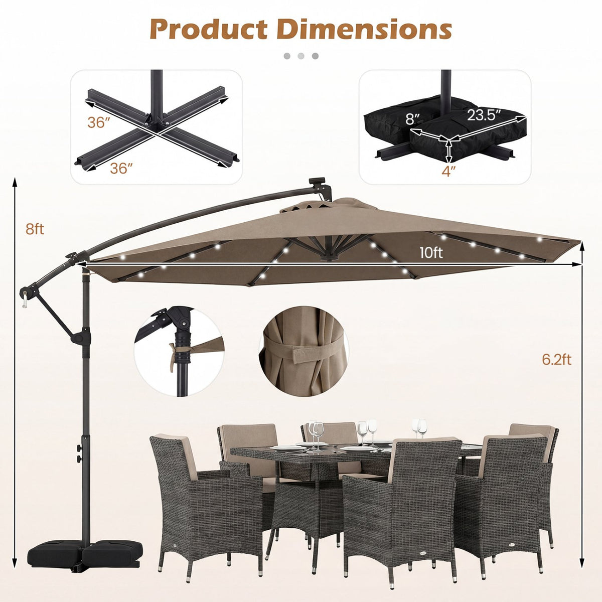 10 FT Solar LED Offset Cantilever Patio Umbrella Hanging Outdoor Market Umbrella-Brown view 4