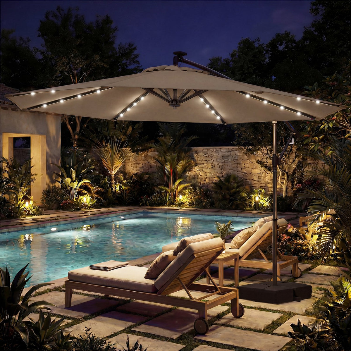 10 FT Solar LED Offset Cantilever Patio Umbrella Hanging Outdoor Market Umbrella-Brown view 5