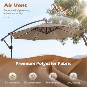 10 FT Solar LED Offset Cantilever Patio Umbrella Hanging Outdoor Market Umbrella-Brown view 6