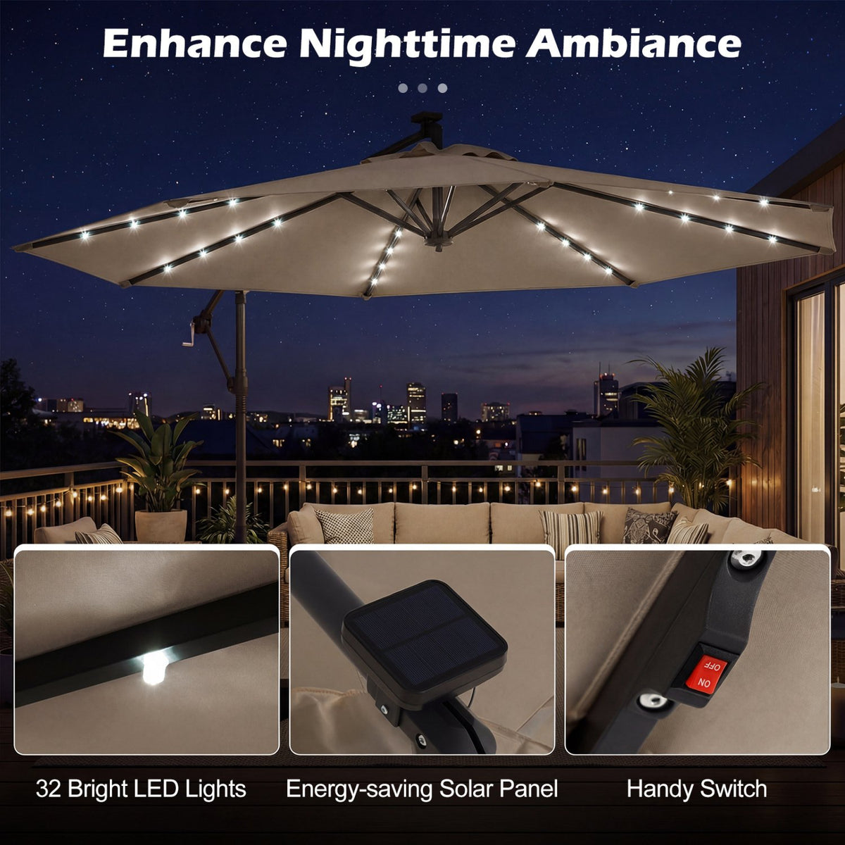10 FT Solar LED Offset Cantilever Patio Umbrella Hanging Outdoor Market Umbrella-Brown view 8