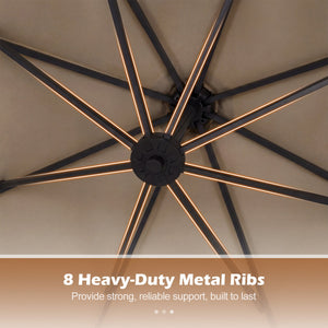 10 FT Solar LED Offset Cantilever Patio Umbrella Hanging Outdoor Market Umbrella-Brown view 9