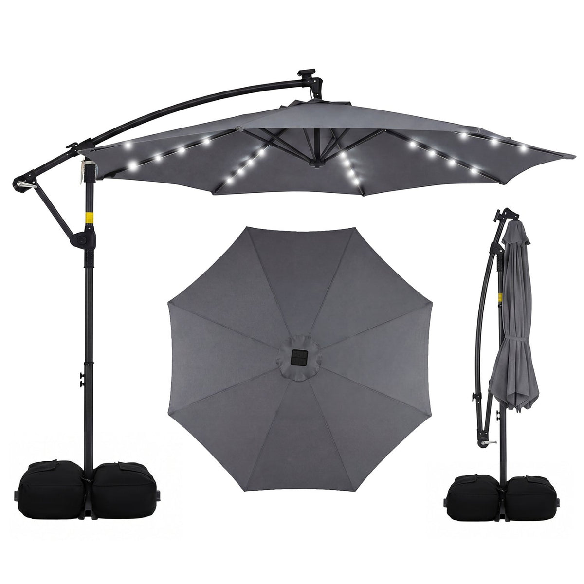 10 FT Solar LED Offset Cantilever Patio Umbrella Hanging Outdoor Market Umbrella-Gray