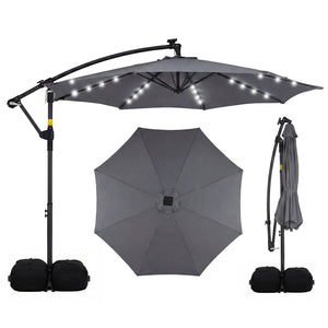 10 FT Solar LED Offset Cantilever Patio Umbrella Hanging Outdoor Market Umbrella-Gray