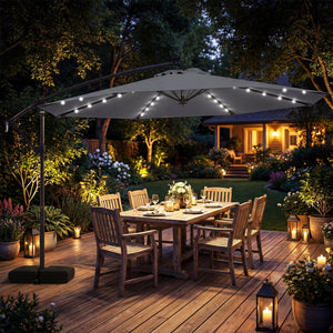 10 FT Solar LED Offset Cantilever Patio Umbrella Hanging Outdoor Market Umbrella-Gray view 2