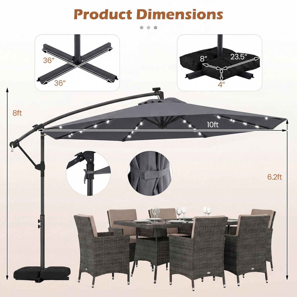 10 FT Solar LED Offset Cantilever Patio Umbrella Hanging Outdoor Market Umbrella-Gray view 4