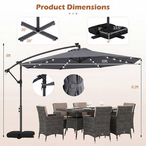 10 FT Solar LED Offset Cantilever Patio Umbrella Hanging Outdoor Market Umbrella-Gray view 4