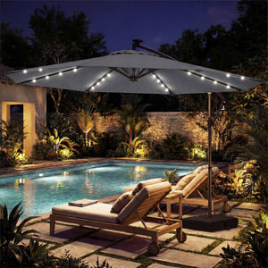 10 FT Solar LED Offset Cantilever Patio Umbrella Hanging Outdoor Market Umbrella-Gray view 5