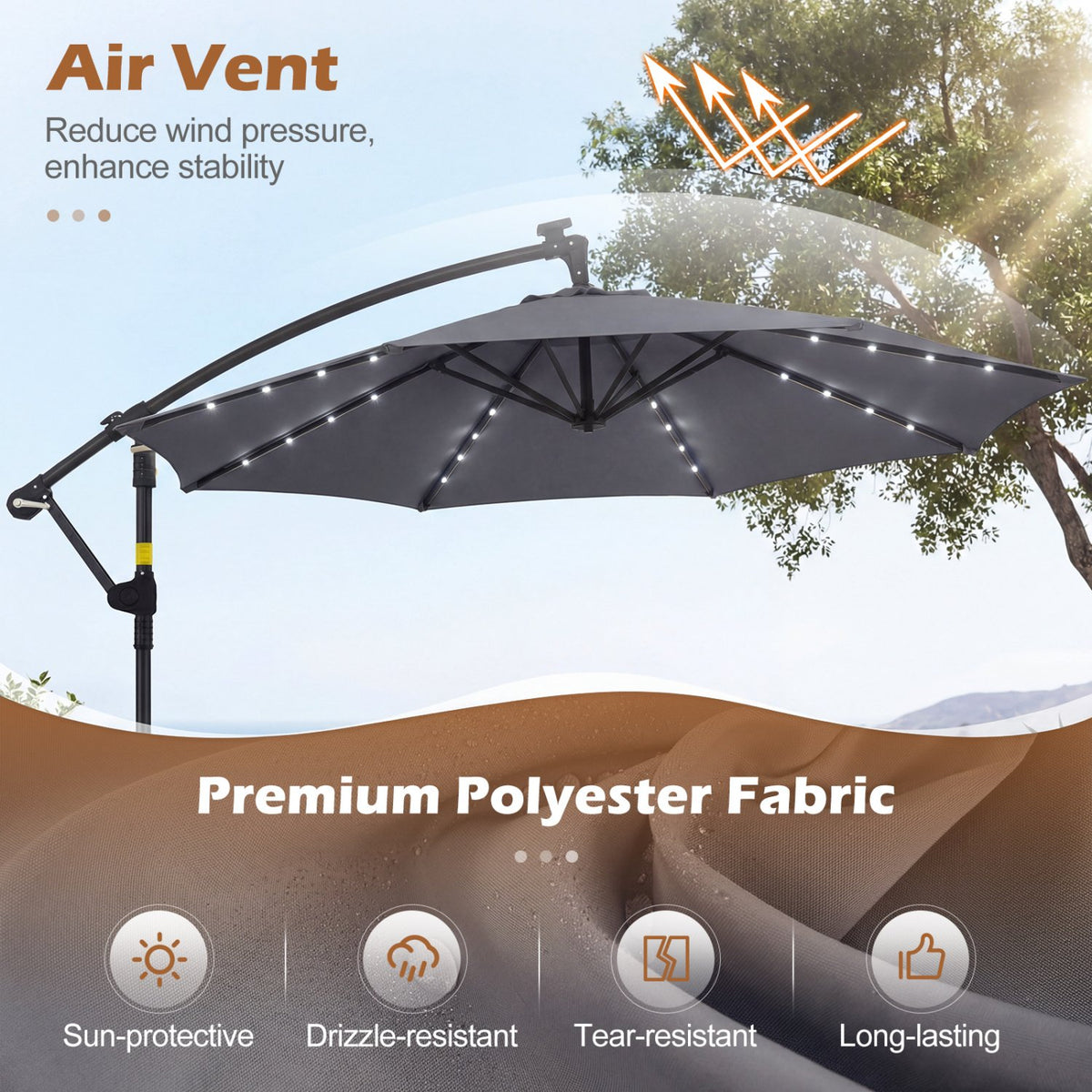 10 FT Solar LED Offset Cantilever Patio Umbrella Hanging Outdoor Market Umbrella-Gray view 6
