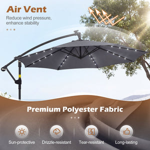 10 FT Solar LED Offset Cantilever Patio Umbrella Hanging Outdoor Market Umbrella-Gray view 6