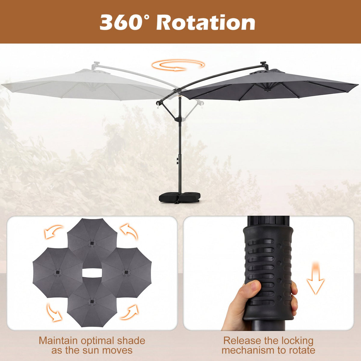 10 FT Solar LED Offset Cantilever Patio Umbrella Hanging Outdoor Market Umbrella-Gray view 7