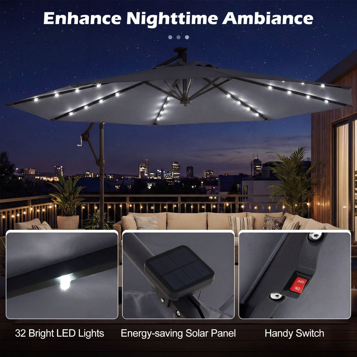 10 FT Solar LED Offset Cantilever Patio Umbrella Hanging Outdoor Market Umbrella-Gray view 8