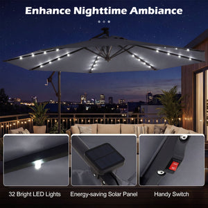 10 FT Solar LED Offset Cantilever Patio Umbrella Hanging Outdoor Market Umbrella-Gray view 8