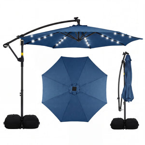 10 FT Solar LED Offset Cantilever Patio Umbrella Hanging Outdoor Market Umbrella-Navy