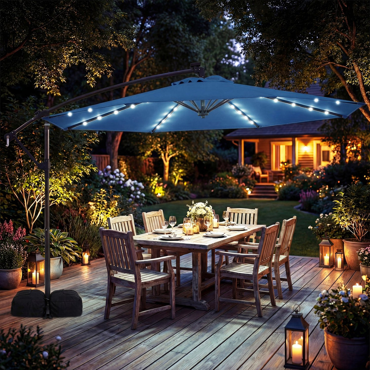 10 FT Solar LED Offset Cantilever Patio Umbrella Hanging Outdoor Market Umbrella-Navy view 2