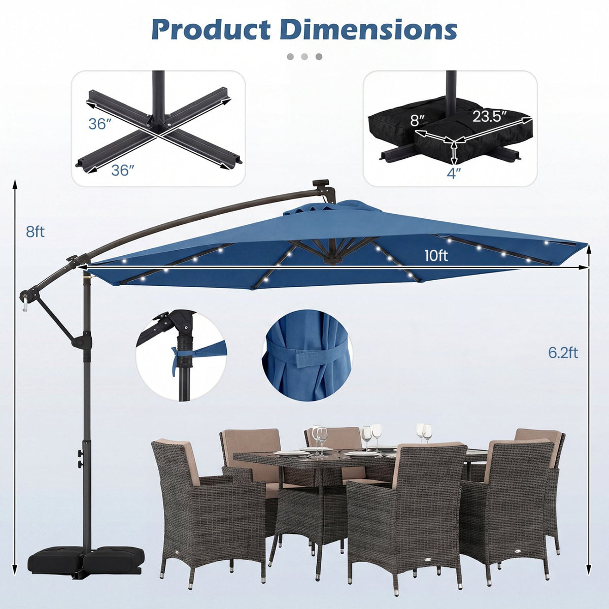 10 FT Solar LED Offset Cantilever Patio Umbrella Hanging Outdoor Market Umbrella-Navy view 4