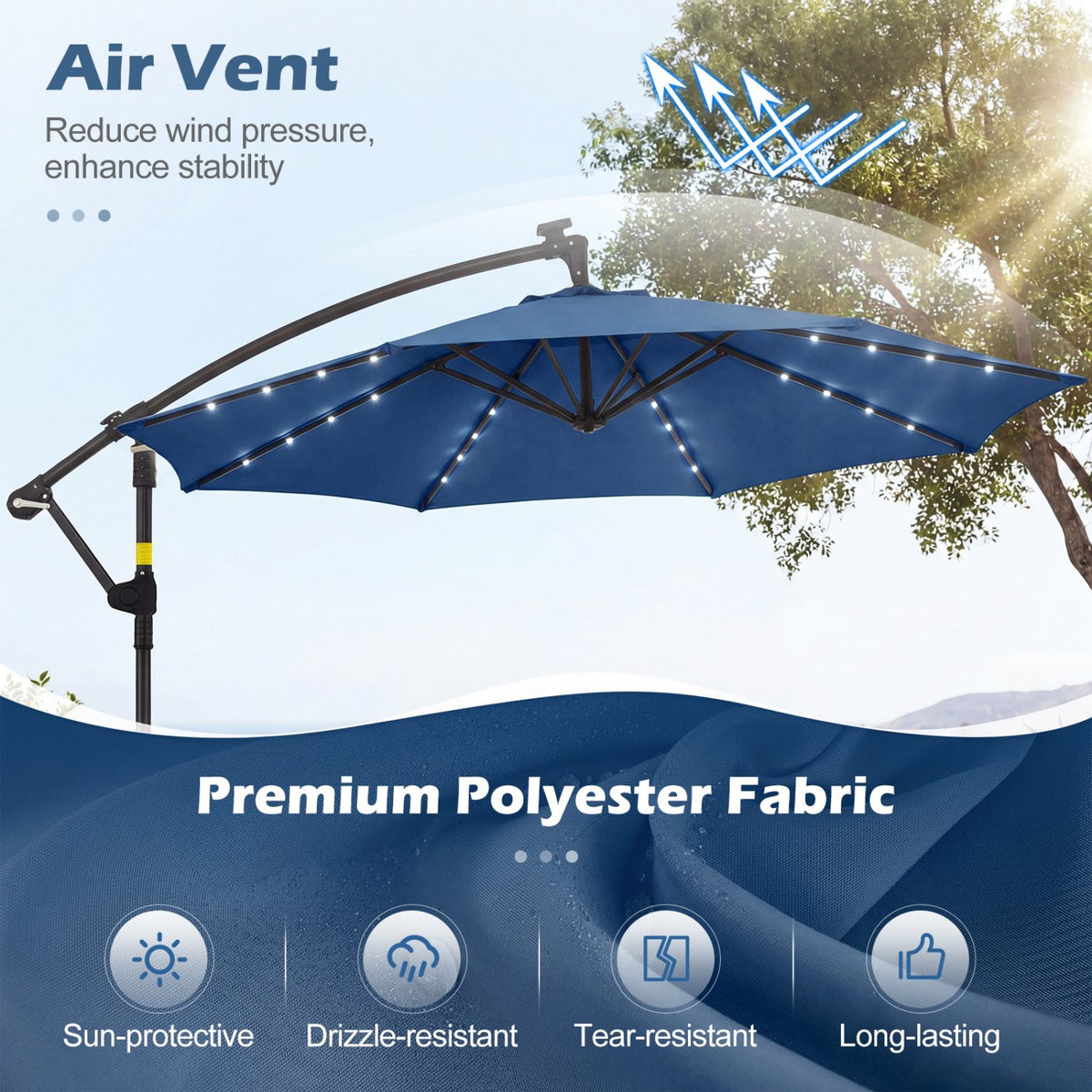 10 FT Solar LED Offset Cantilever Patio Umbrella Hanging Outdoor Market Umbrella-Navy view 6