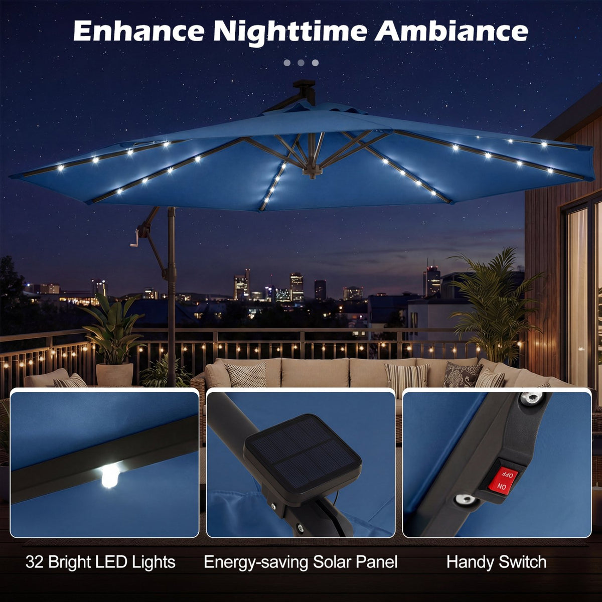 10 FT Solar LED Offset Cantilever Patio Umbrella Hanging Outdoor Market Umbrella-Navy view 8