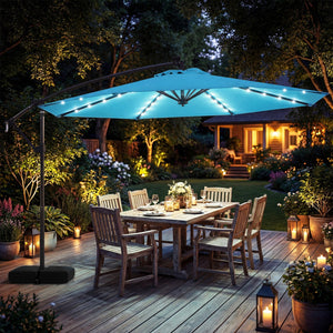 10 FT Solar LED Offset Cantilever Patio Umbrella Hanging Outdoor Market Umbrella-Turquoise view 2