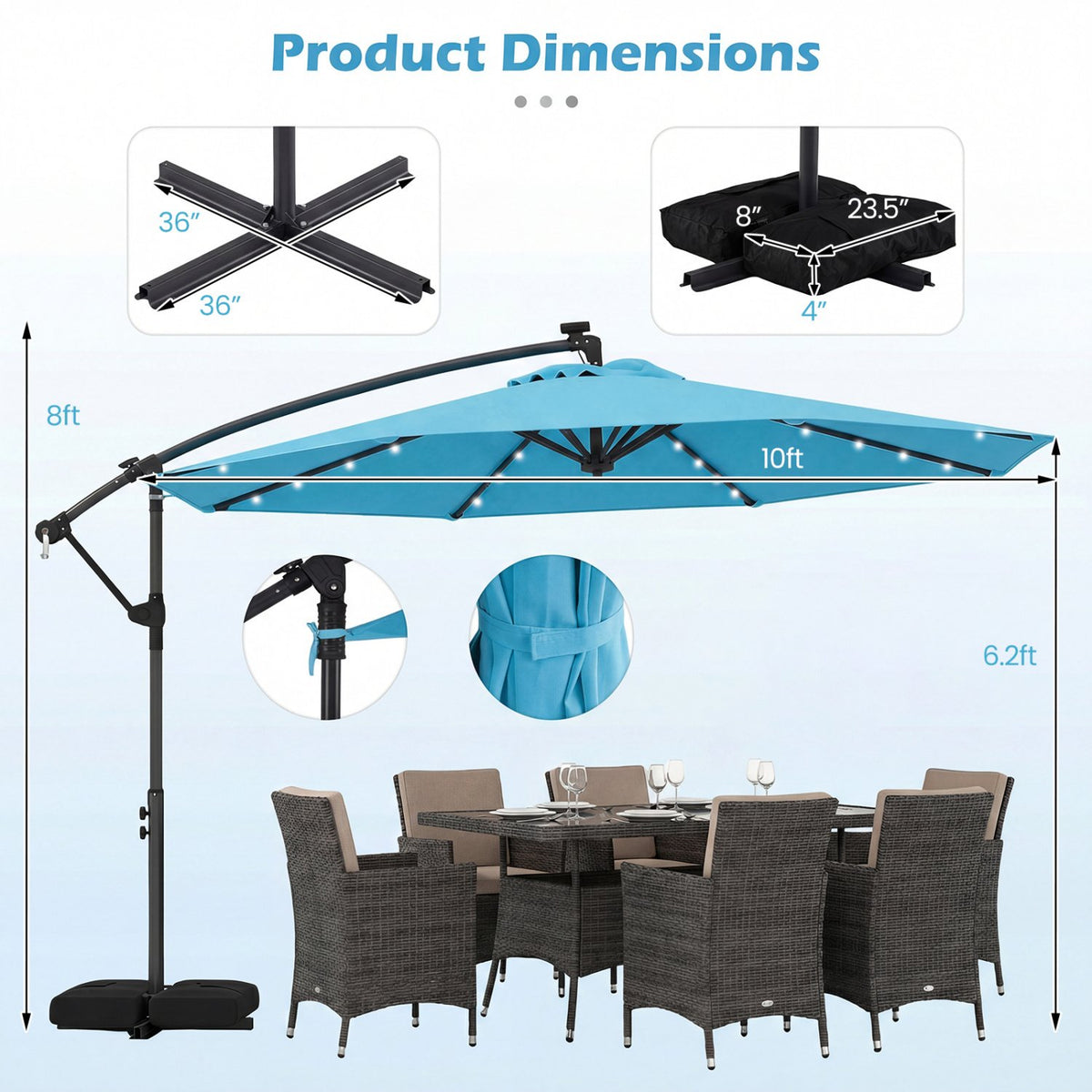 10 FT Solar LED Offset Cantilever Patio Umbrella Hanging Outdoor Market Umbrella-Turquoise view 4