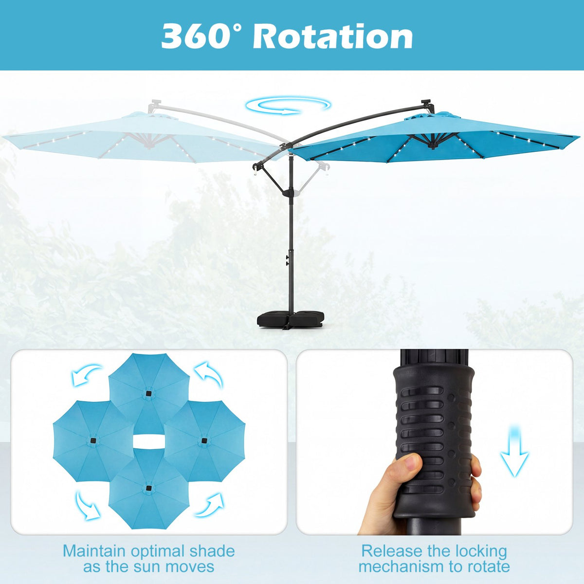 10 FT Solar LED Offset Cantilever Patio Umbrella Hanging Outdoor Market Umbrella-Turquoise view 7