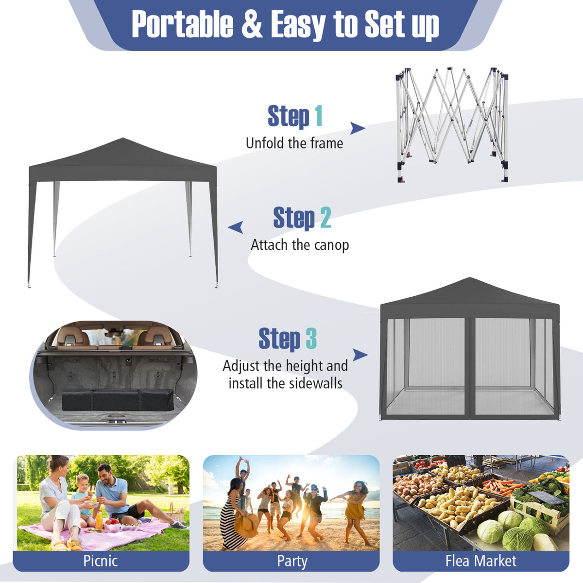 10 FT x 10 FT Pop-Up Canopy Tent Easy Setup Instant Folding Shelter with Mesh Netting-Gray view 8