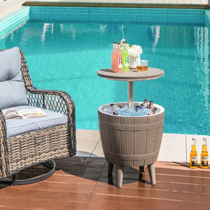 10 Gallon Cooler Bar Table Outdoor Coffee Table Ice Bucket with Telescopic Tabletop for Beer and Wine-Brown view 3