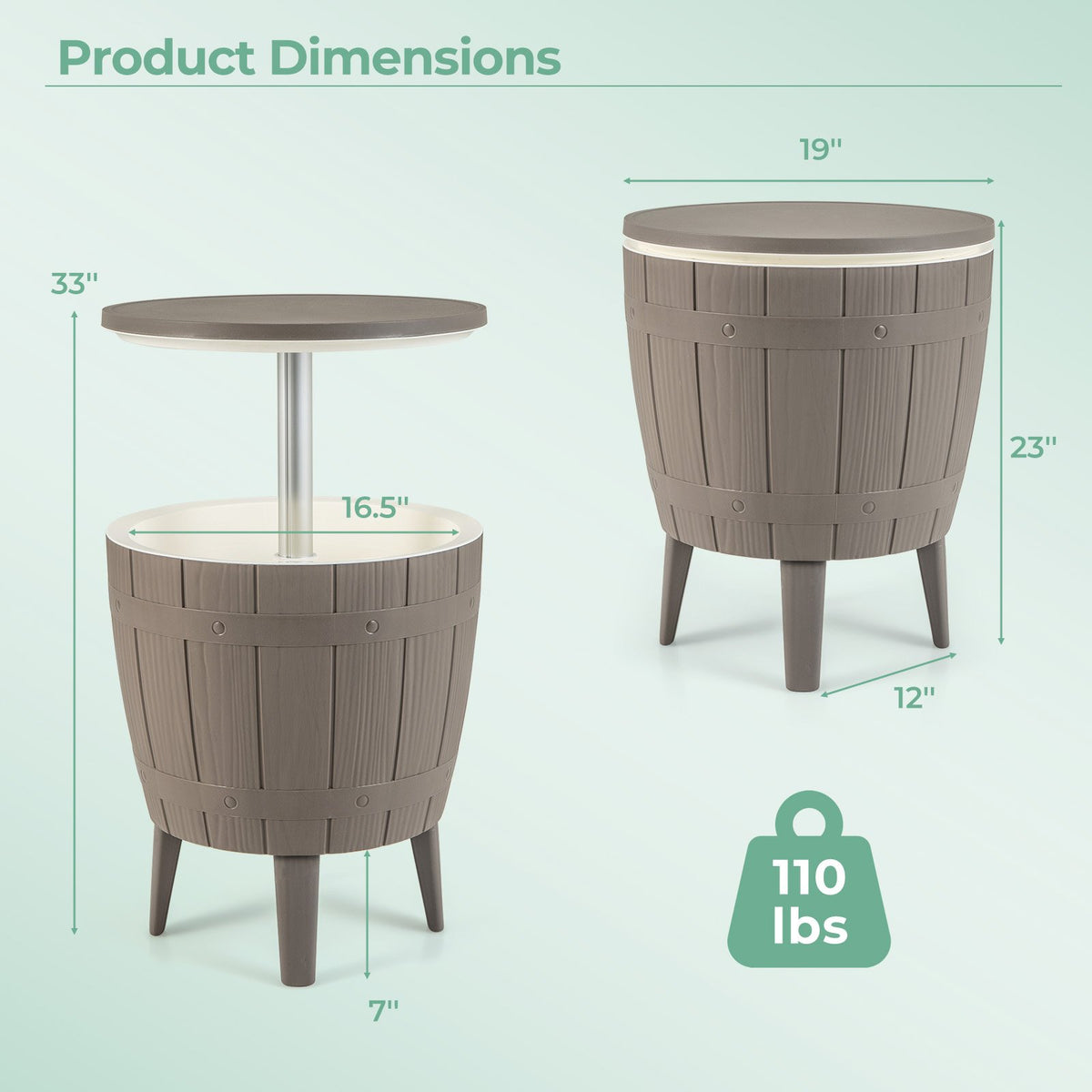 10 Gallon Cooler Bar Table Outdoor Coffee Table Ice Bucket with Telescopic Tabletop for Beer and Wine-Brown view 5