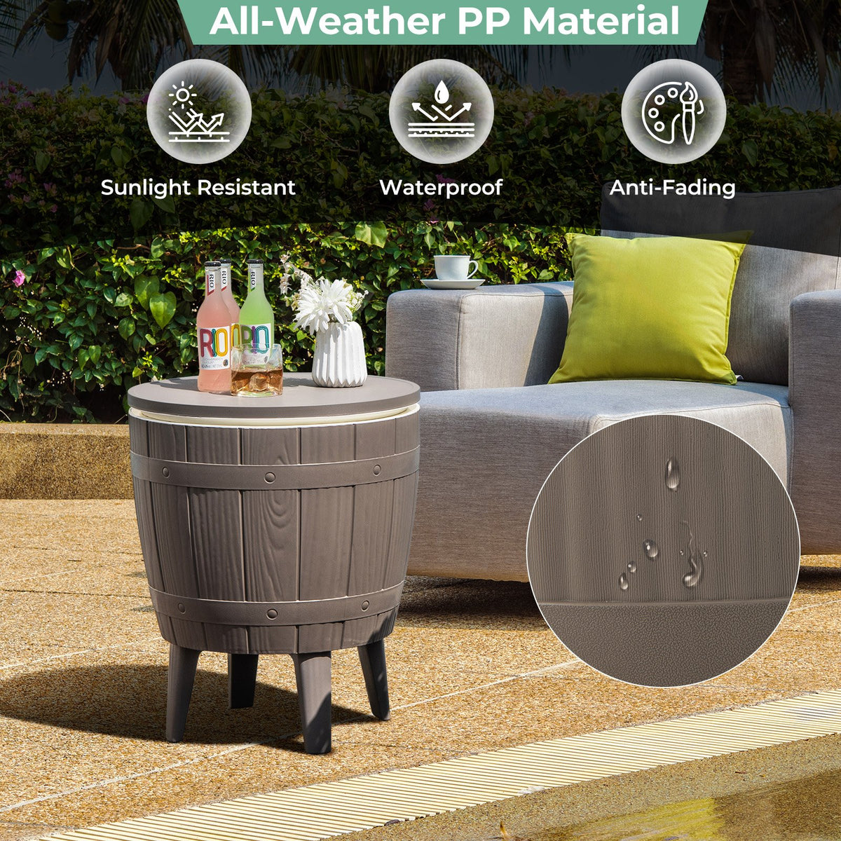 10 Gallon Cooler Bar Table Outdoor Coffee Table Ice Bucket with Telescopic Tabletop for Beer and Wine-Brown view 6