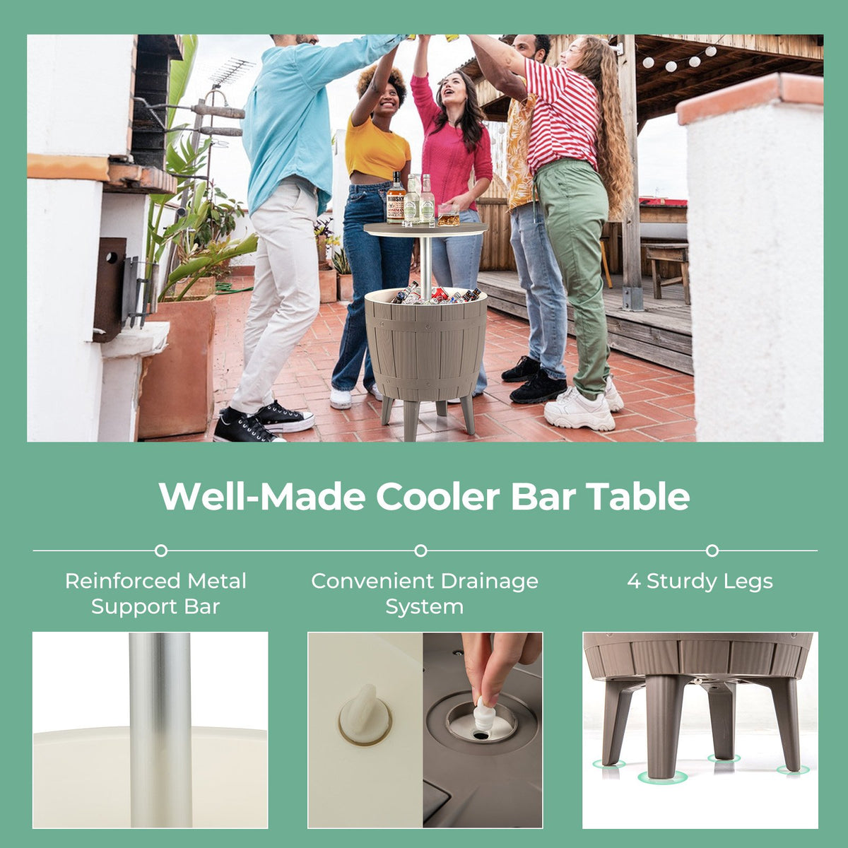10 Gallon Cooler Bar Table Outdoor Coffee Table Ice Bucket with Telescopic Tabletop for Beer and Wine-Brown view 7