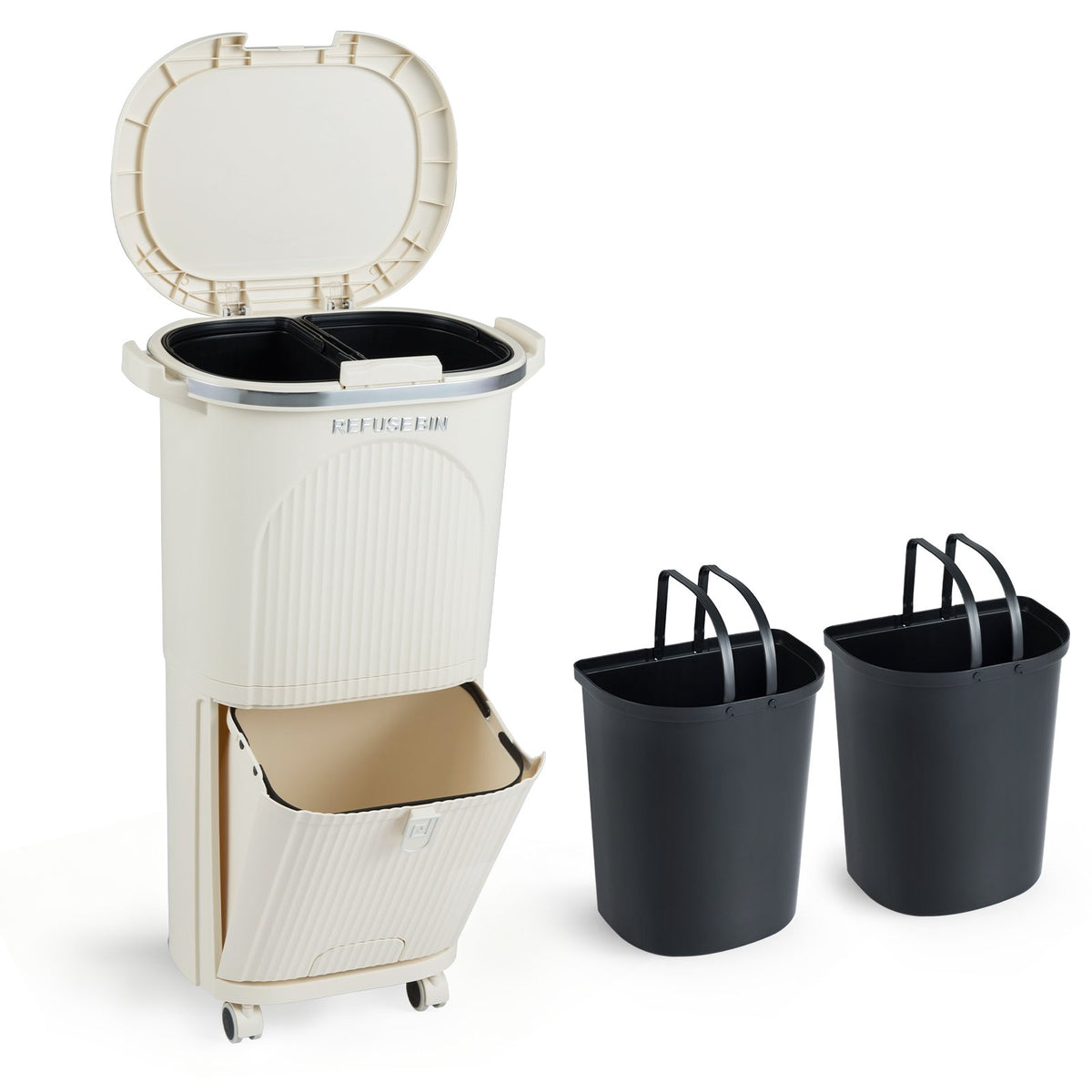 10 Gallon Kitchen Trash Can Double-Layer with Lid and 2 Removable Buckets-Beige view 3