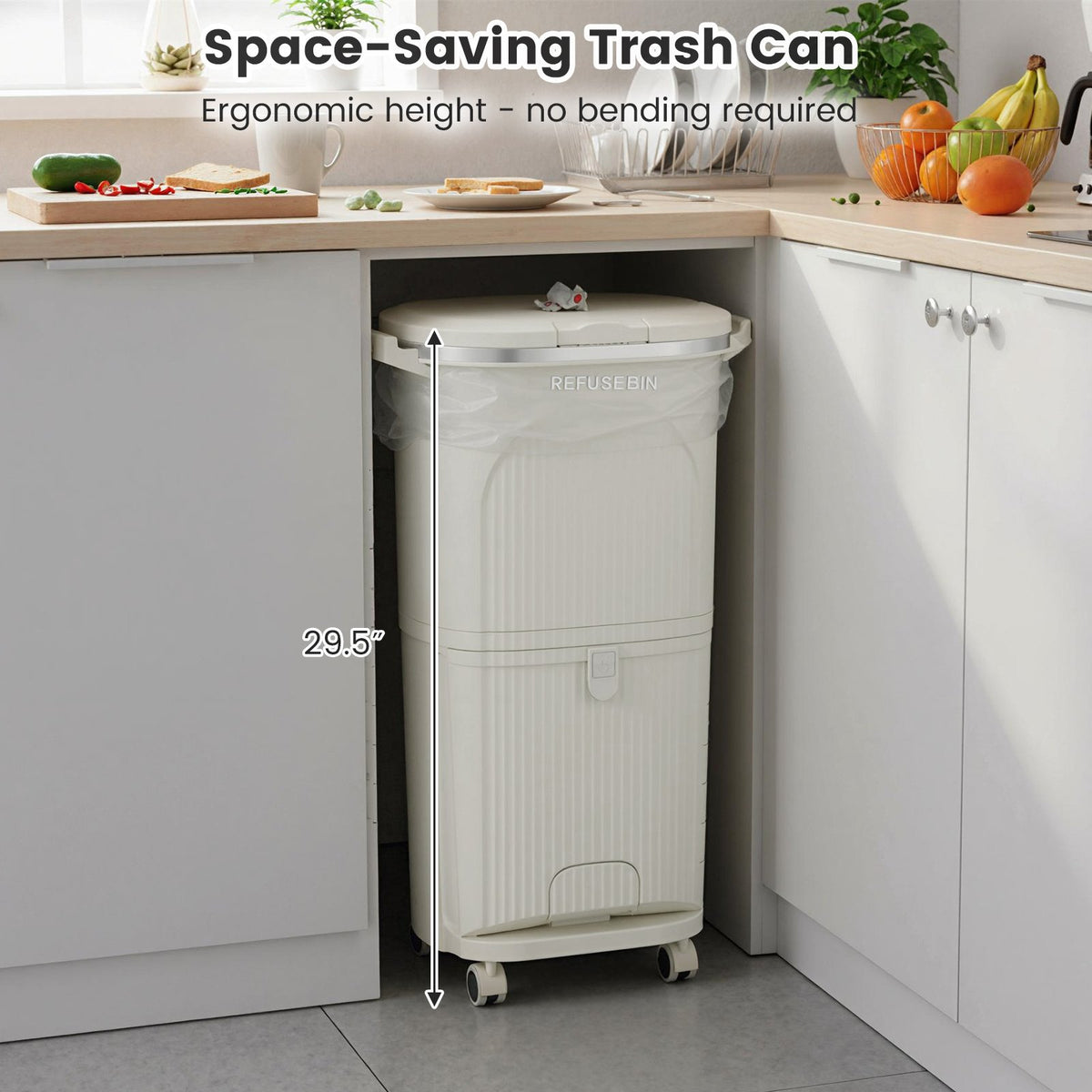 10 Gallon Kitchen Trash Can Double-Layer with Lid and 2 Removable Buckets-Beige view 5