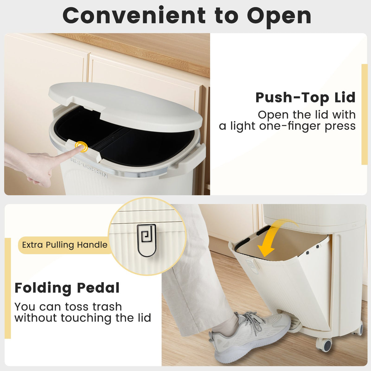 10 Gallon Kitchen Trash Can Double-Layer with Lid and 2 Removable Buckets-Beige view 6
