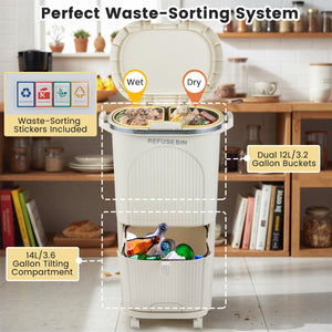 10 Gallon Kitchen Trash Can Double-Layer with Lid and 2 Removable Buckets-Beige view 7