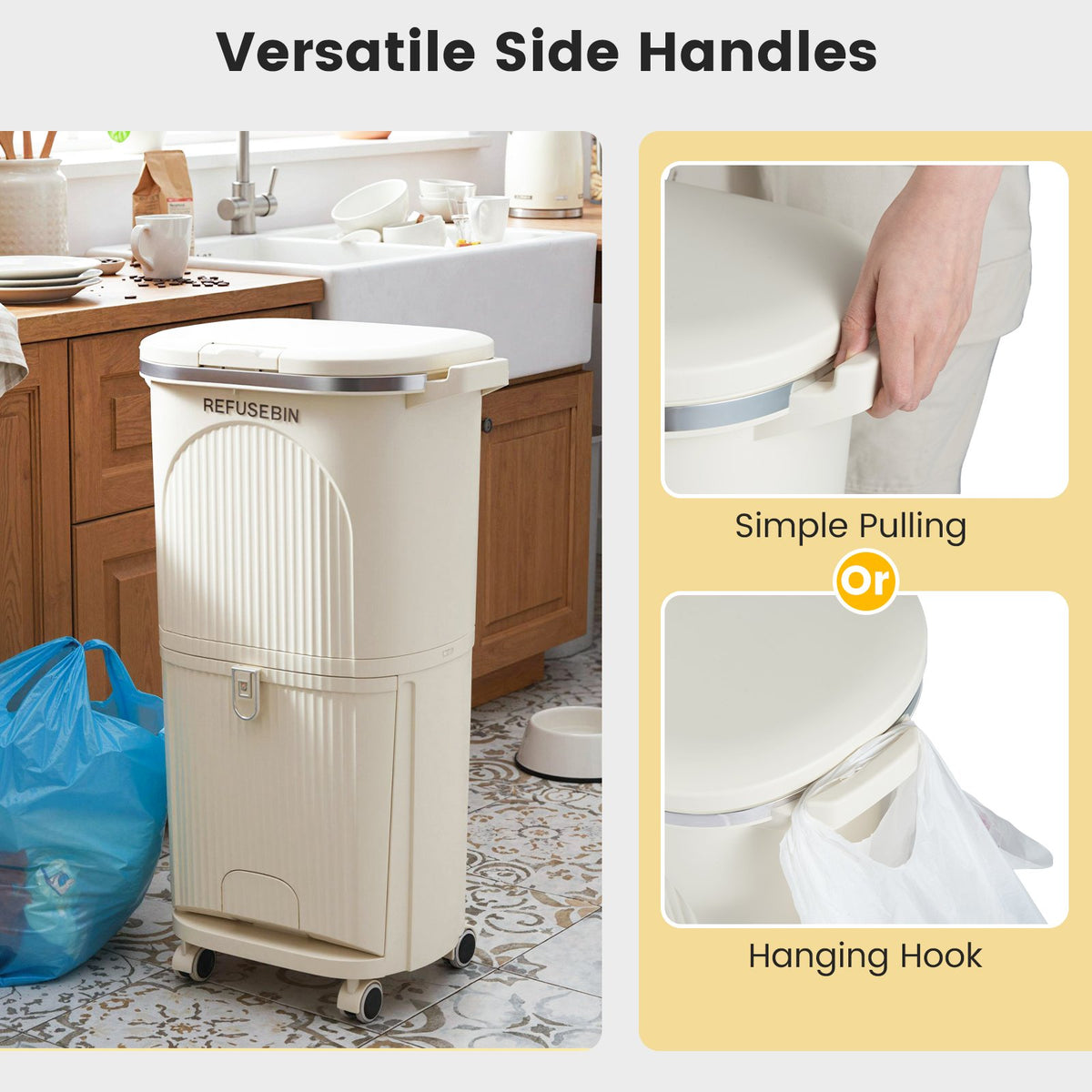10 Gallon Kitchen Trash Can Double-Layer with Lid and 2 Removable Buckets-Beige view 9