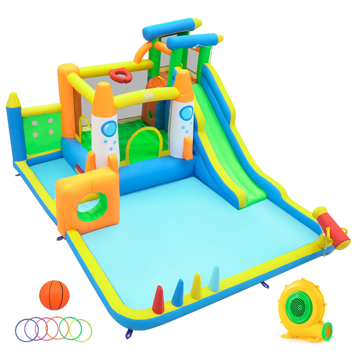 10-in-1 Inflatable Bounce House with Water Slide and 680W Blower for Kids