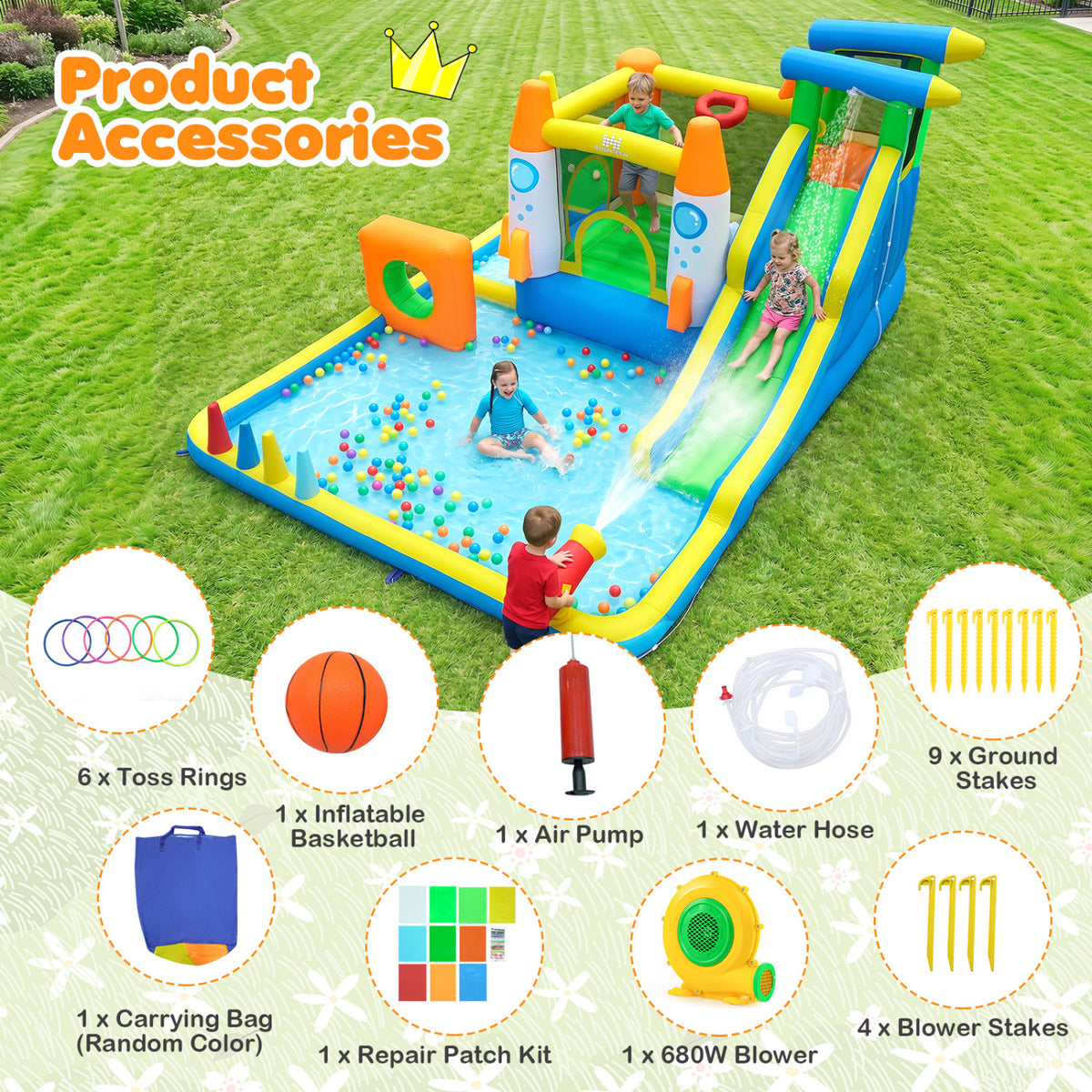10-in-1 Inflatable Bounce House with Water Slide and 680W Blower for Kids view 7
