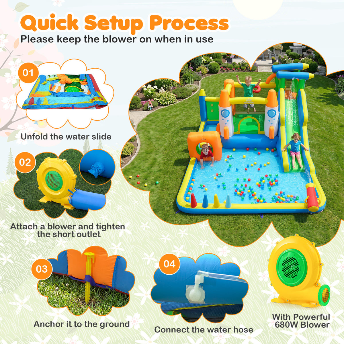 10-in-1 Inflatable Bounce House with Water Slide and 680W Blower for Kids view 8