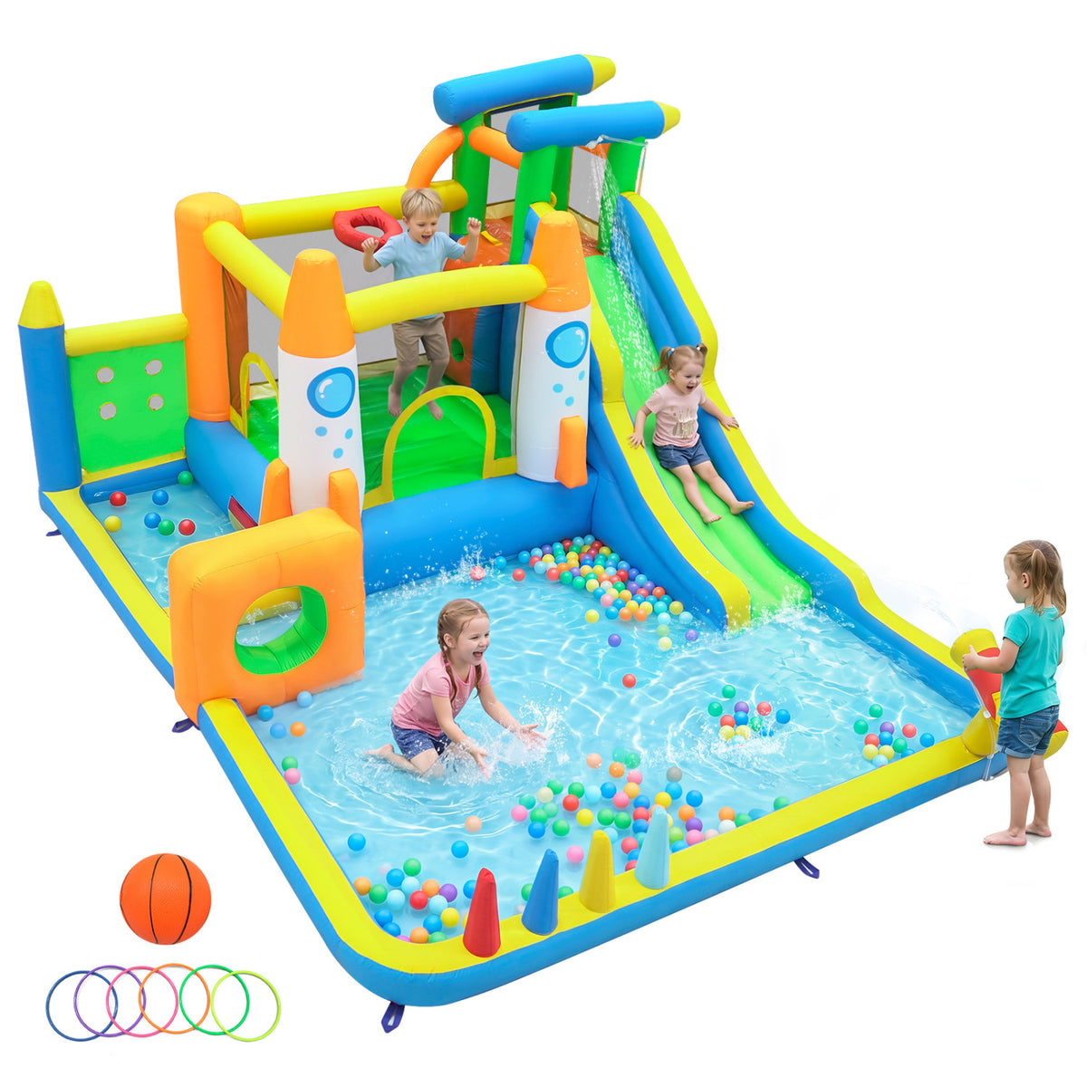 10-in-1 Inflatable Bounce House with Water Slide for Kids without Blower view 3