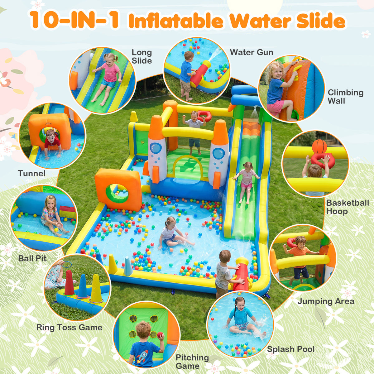 10-in-1 Inflatable Bounce House with Water Slide for Kids without Blower view 7